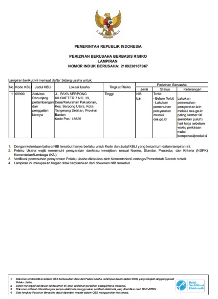 NIB Attachment – KBLI & Business Location