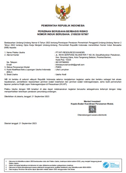 Business Identification Number – PT Inti Resources Mandiri