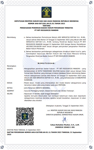 Ministry of Law & Human Rights Decree – Legalization of PT Inti Resources Mandiri